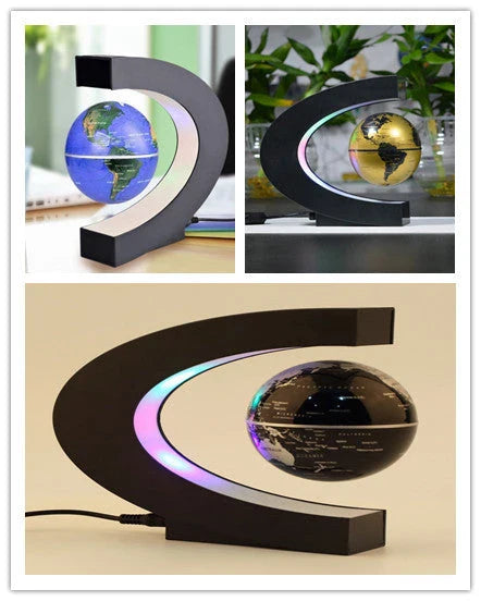 Magnetic levitation globe floating above base with LED light on