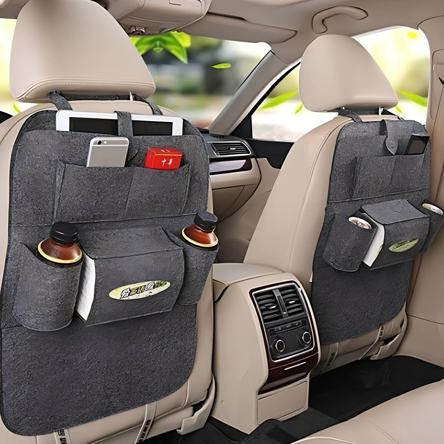 Wool felt car seat organiser bag with multiple pockets measuring 33cm wide