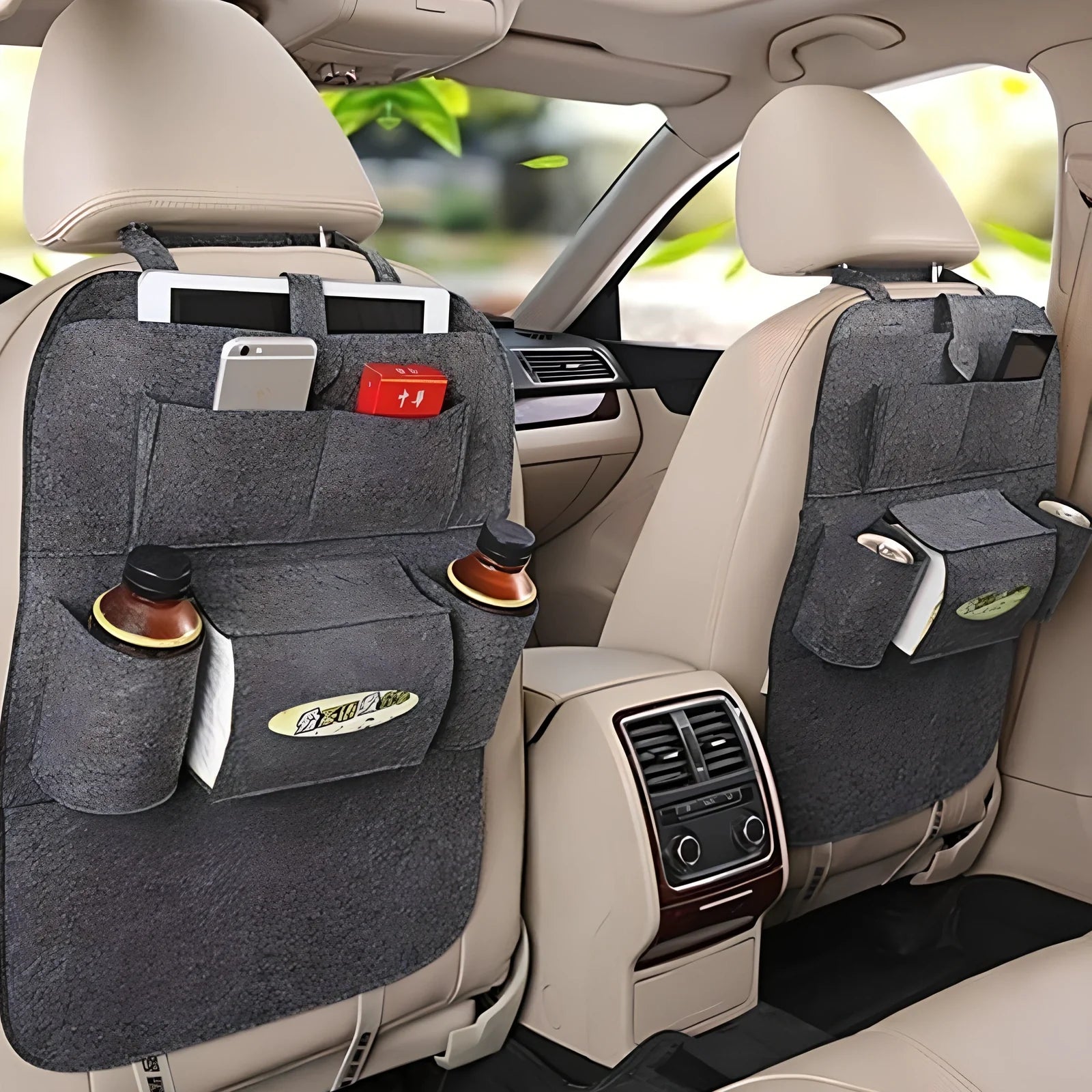 Wool felt car seat organiser bag with multiple pockets measuring 33cm wide