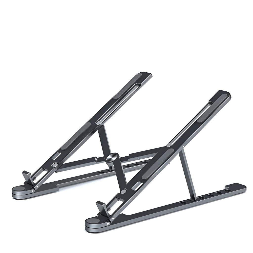 Foldable aluminium laptop stand in silver colour supporting a laptop, shown in open and closed positions.
