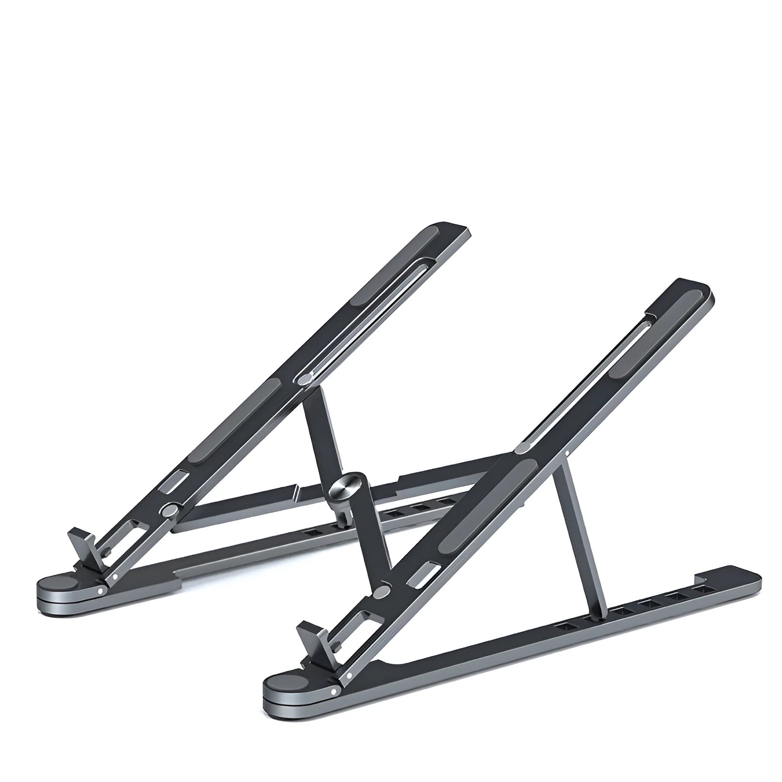 Foldable aluminium laptop stand in silver colour supporting a laptop, shown in open and closed positions.