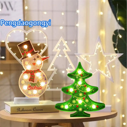 Hand-painted DIY LED snowman and Christmas tree decorative lamp with glitter resin finish