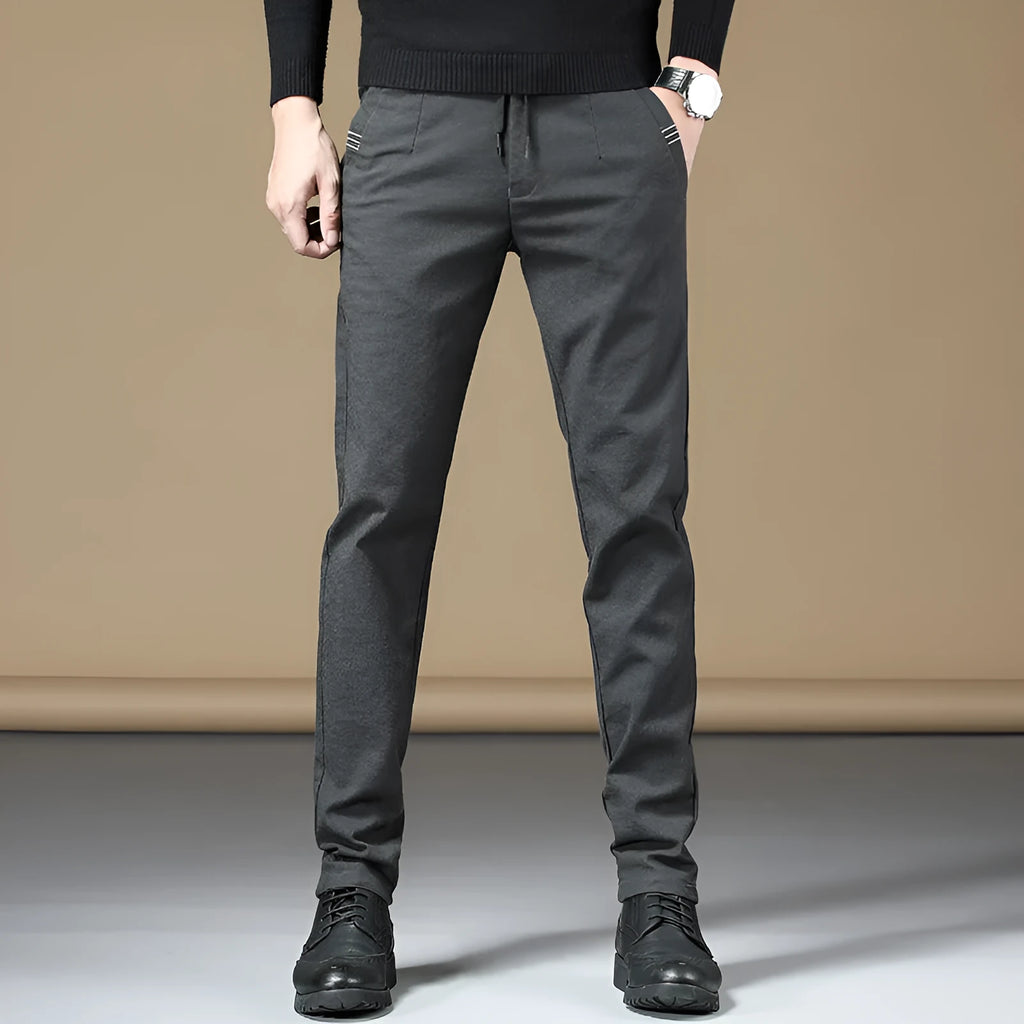Men's cotton casual straight-leg pants in ArmyGreen, Black, Brown, and Grey, sizes 28-38