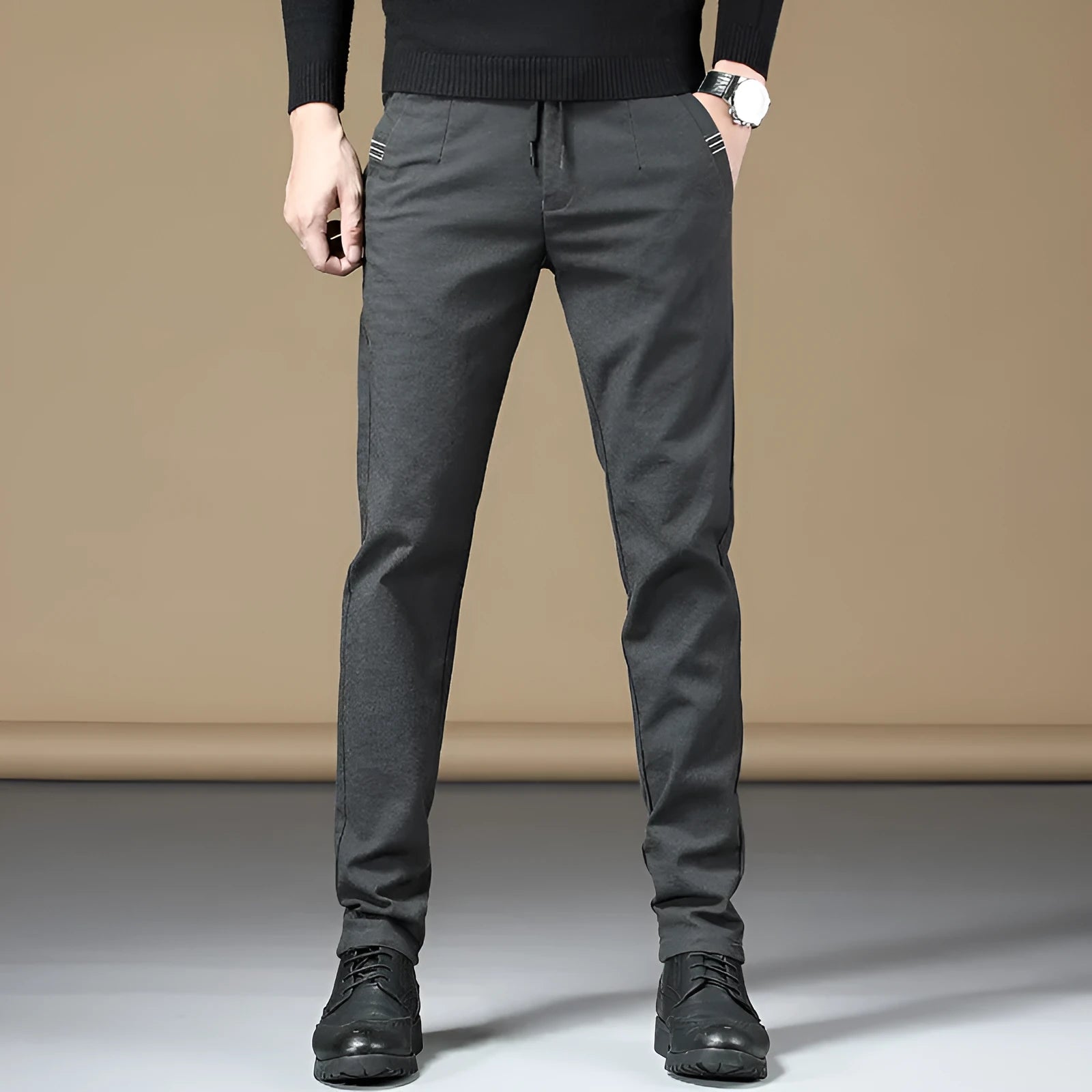 Men's cotton casual straight-leg pants in ArmyGreen, Black, Brown, and Grey, sizes 28-38