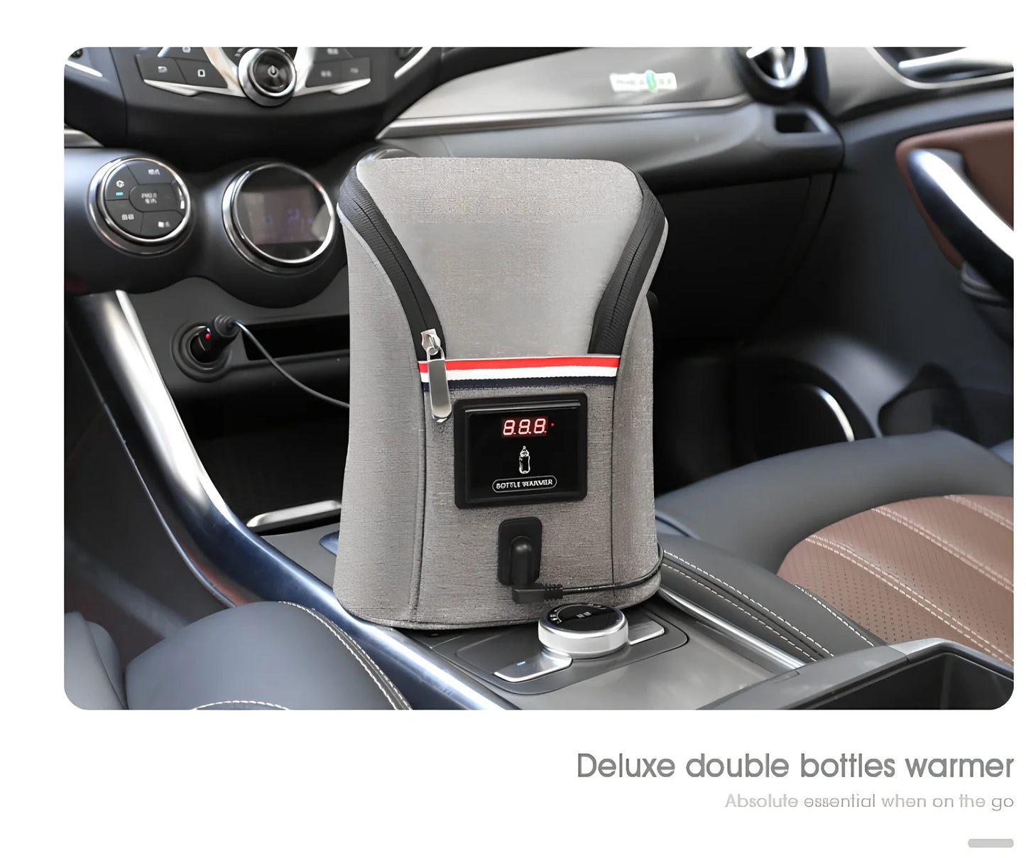 Grey portable baby bottle warmer with electronic display and car charger for 12V vehicle use