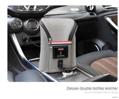 Grey portable baby bottle warmer with electronic display and car charger for 12V vehicle use