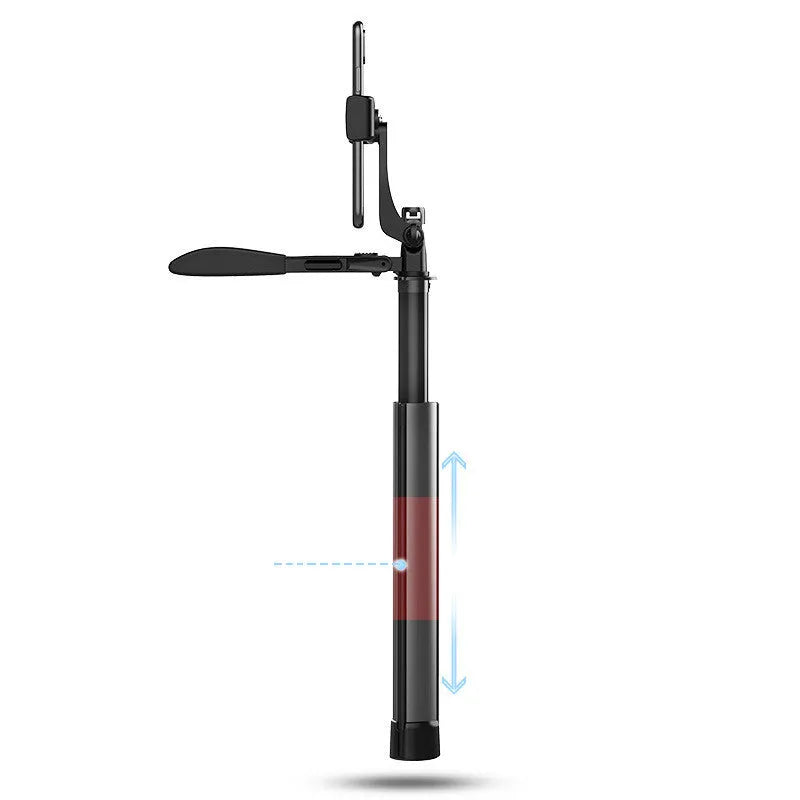Black aluminium alloy Bluetooth selfie stick with tripod legs extended and remote control, shown at different lengths