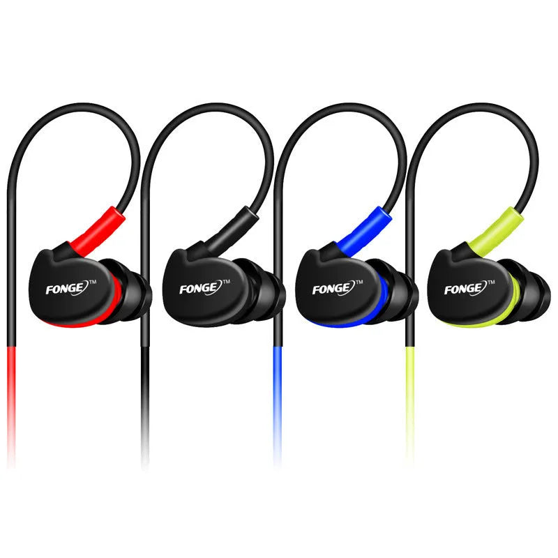 Red wired sports headset with ear-hook design, microphone, and 3.5mm plug on a 1.2m cable.