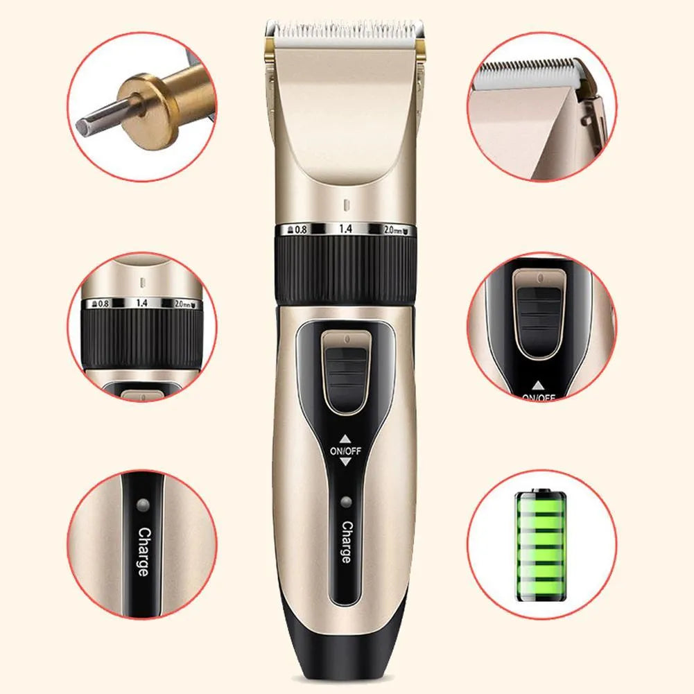 Golden professional pet grooming kit with cordless clippers, four comb attachments, nail clippers, and cleaning brush