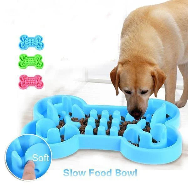 Slow-Feed Silicone Pet Bowl in various colours, featuring a design to encourage mindful eating and prevent bloating in dogs and cats.