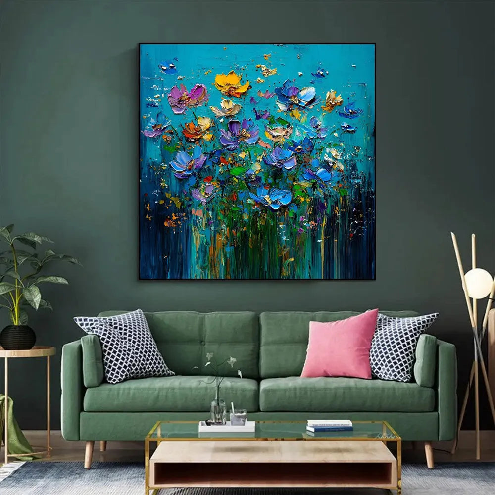 Hand-painted knife flower oil painting on square canvas, modern floral design, unframed, textured 3D effect