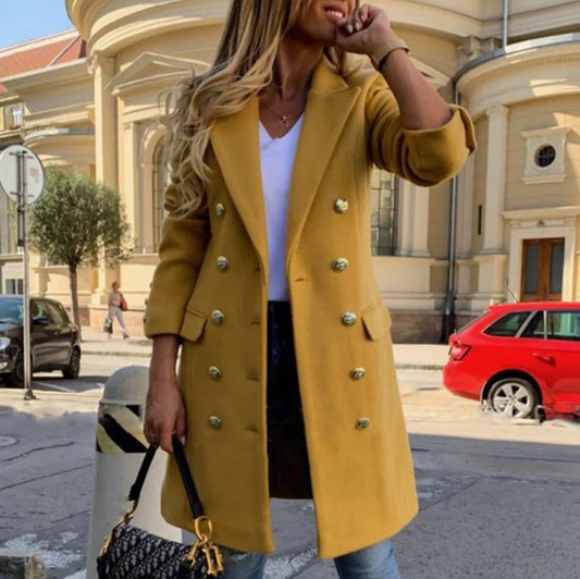 Women's woolen lapel jacket with double-breasted design in yellow and black