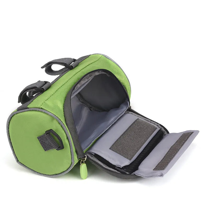 Rainproof polyester bicycle handlebar bag in black with phone touch screen window and 1.5L capacity