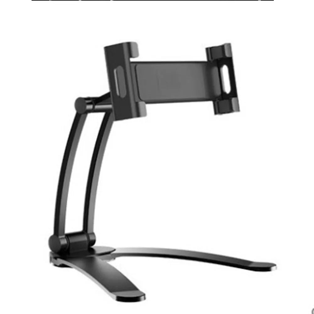 Silver aluminium alloy desktop tablet stand holding a tablet at an adjustable angle