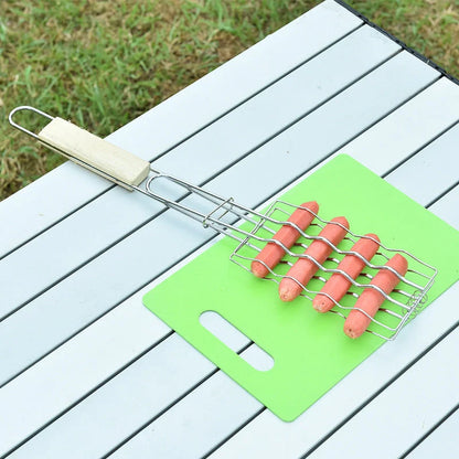 Wooden handle barbecue sausage and vegetable clip set for outdoor grilling