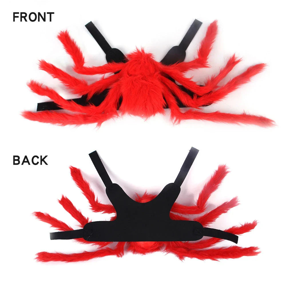 Spooky spider pet costume in red and black colors, designed for cats, dogs, and other small pets to wear for Halloween