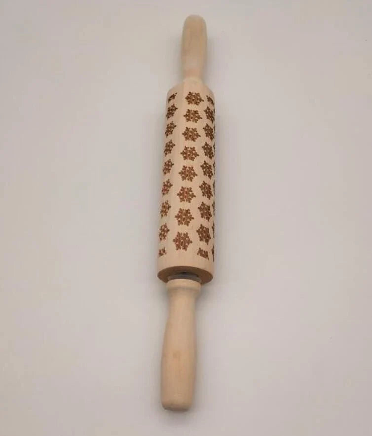 Wooden Christmas embossing rolling pin with non-stick surface for festive baking