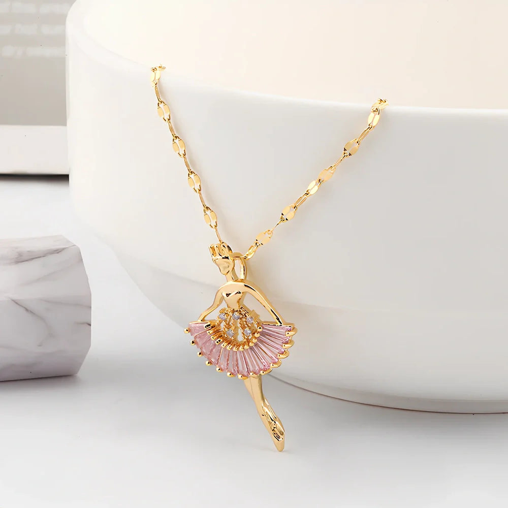 Gold titanium steel ballet girl necklace with rhinestone inlays on 40cm chain, adjustable to 45cm for women