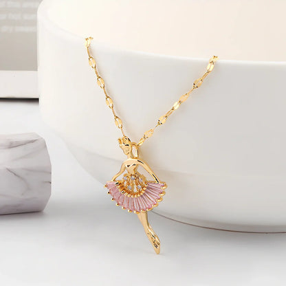 Gold titanium steel ballet girl necklace with rhinestone inlays on 40cm chain, adjustable to 45cm for women
