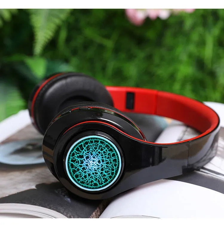 Head-mounted luminous Bluetooth headset in black with power display and bilateral stereo design