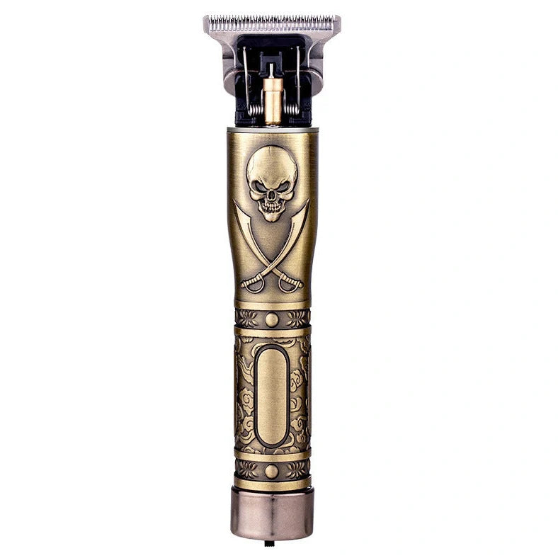 Gold skull hair clipper with USB charging port and cutting blades