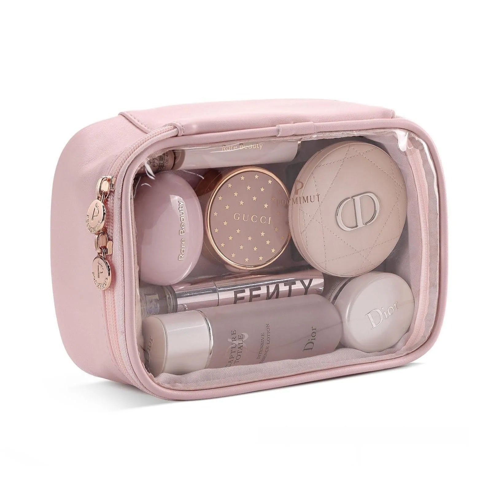 Clear PVC cosmetic bag with a zip open, showing a polyester lining and separate compartments.