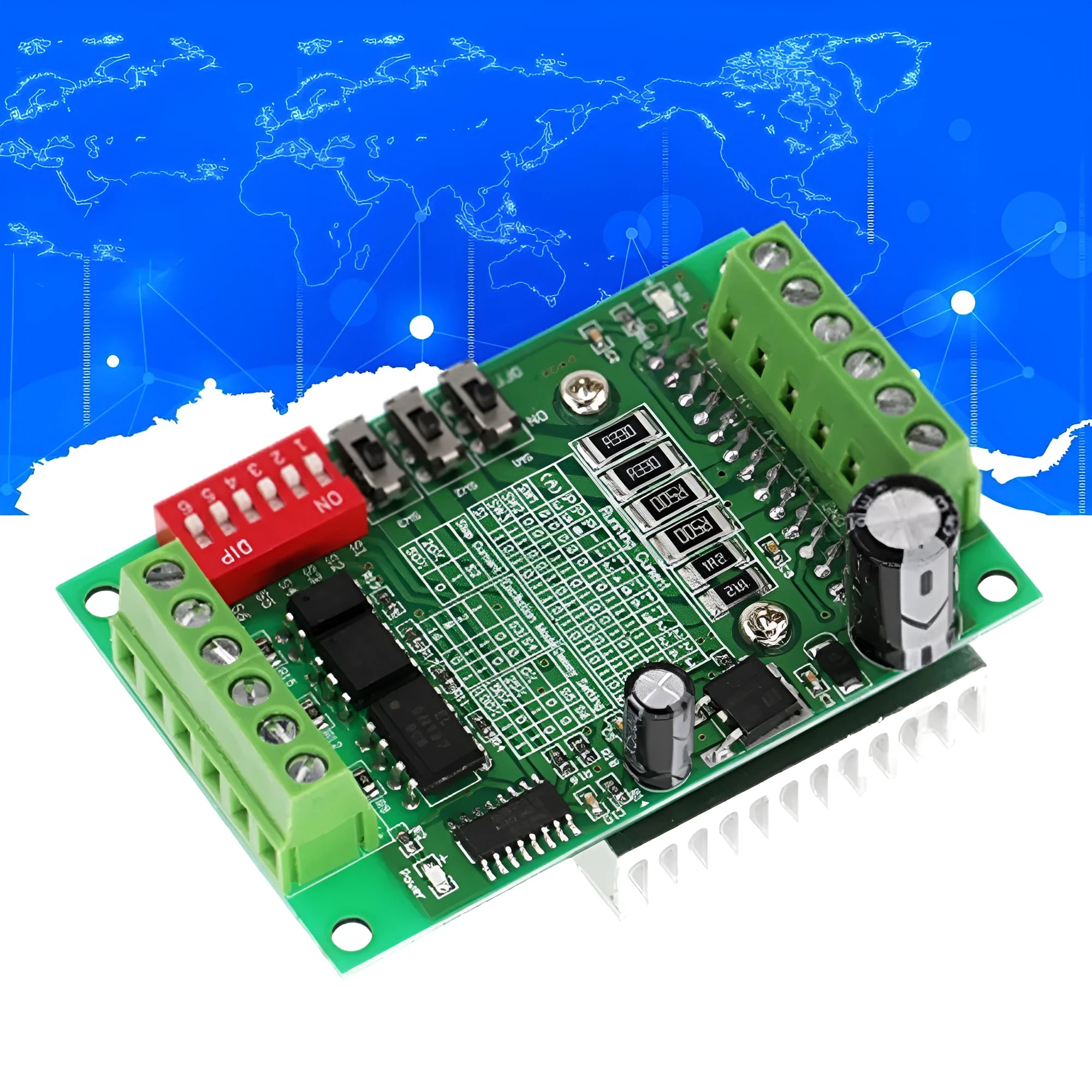 TB6560 stepper motor driver module on a green PCB with a large heatsink, showing connection terminals.