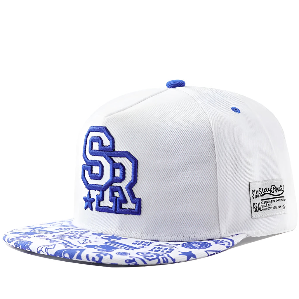 Black and white cotton baseball cap with letter embroidery on the front, showing adjustable strap at back.