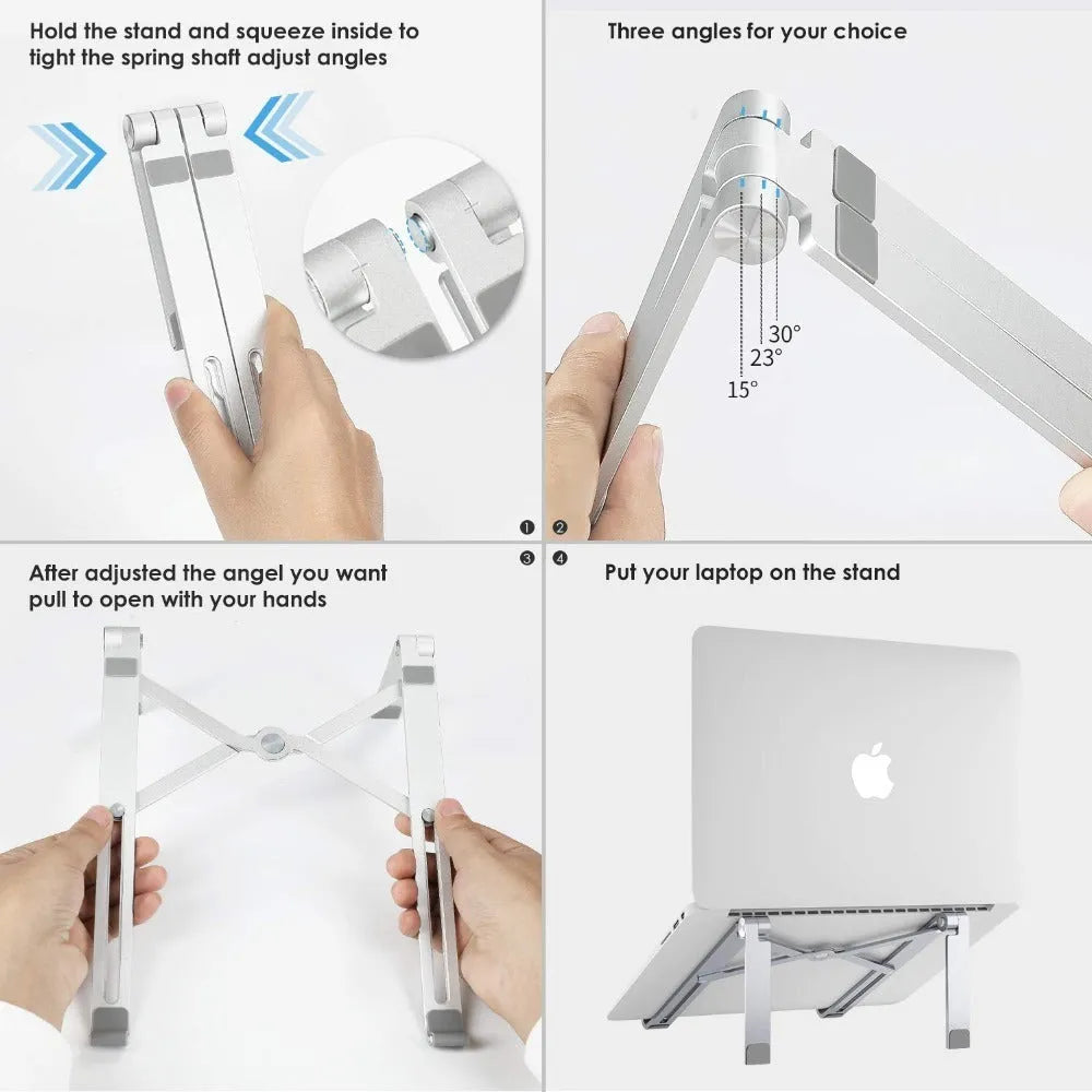 Aluminium laptop stand in black or silver, showing its 26 cm wide bracket design.