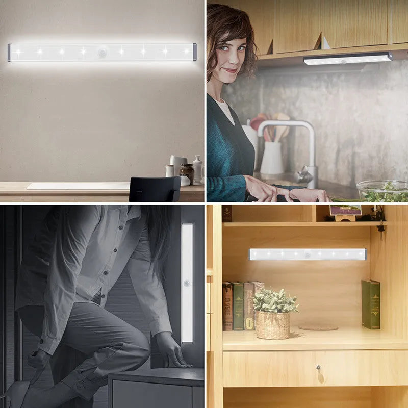 Aluminium magnetic LED closet light with motion sensor on a wardrobe shelf.