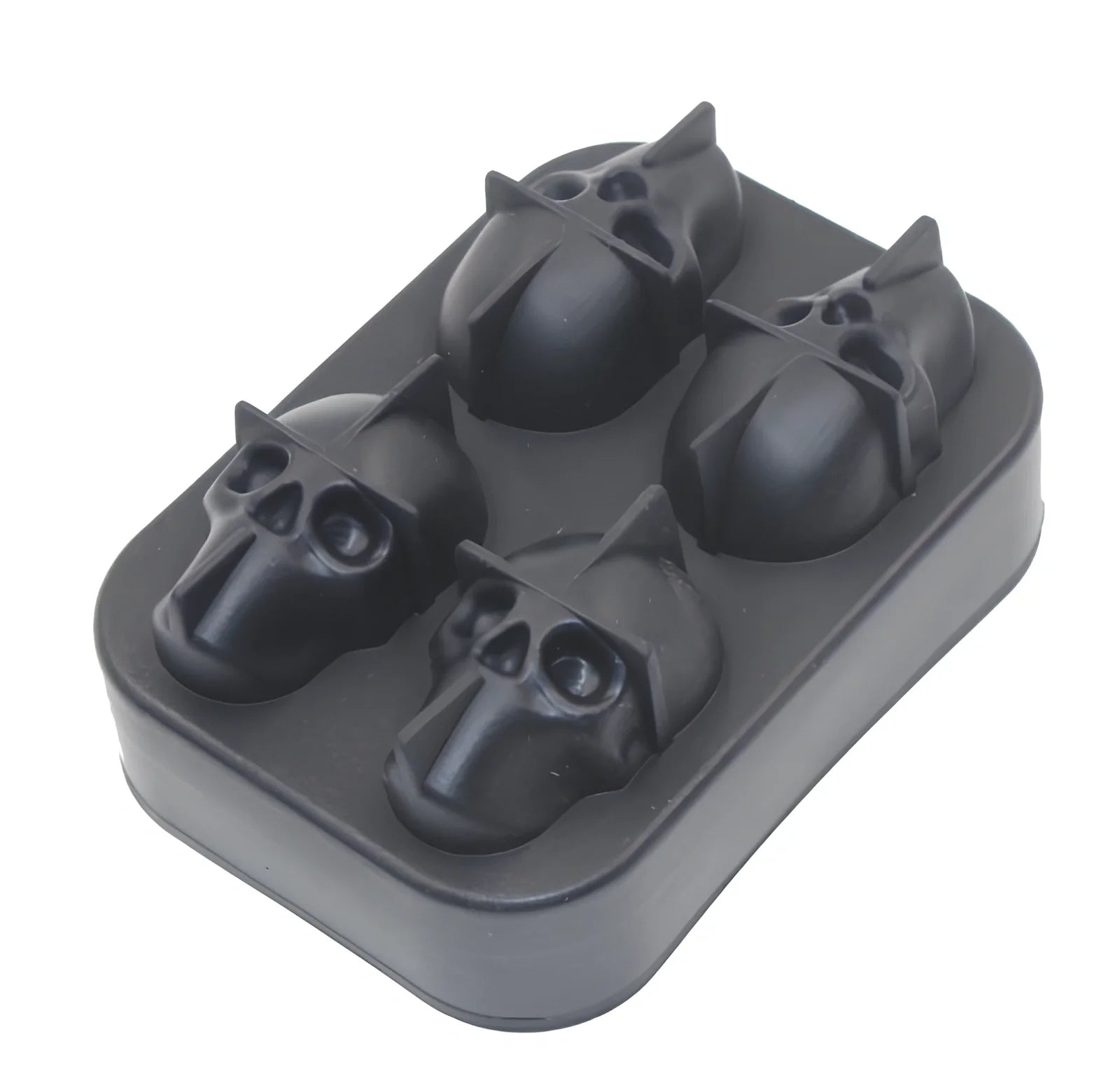 Black silicone ice cube tray with four skull-shaped cavities measuring 12cm long