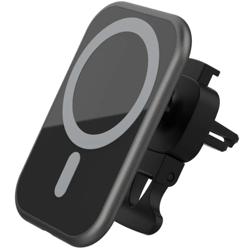 15W magnetic car wireless charger with USB interface, indicator function, and black finish on dashboard