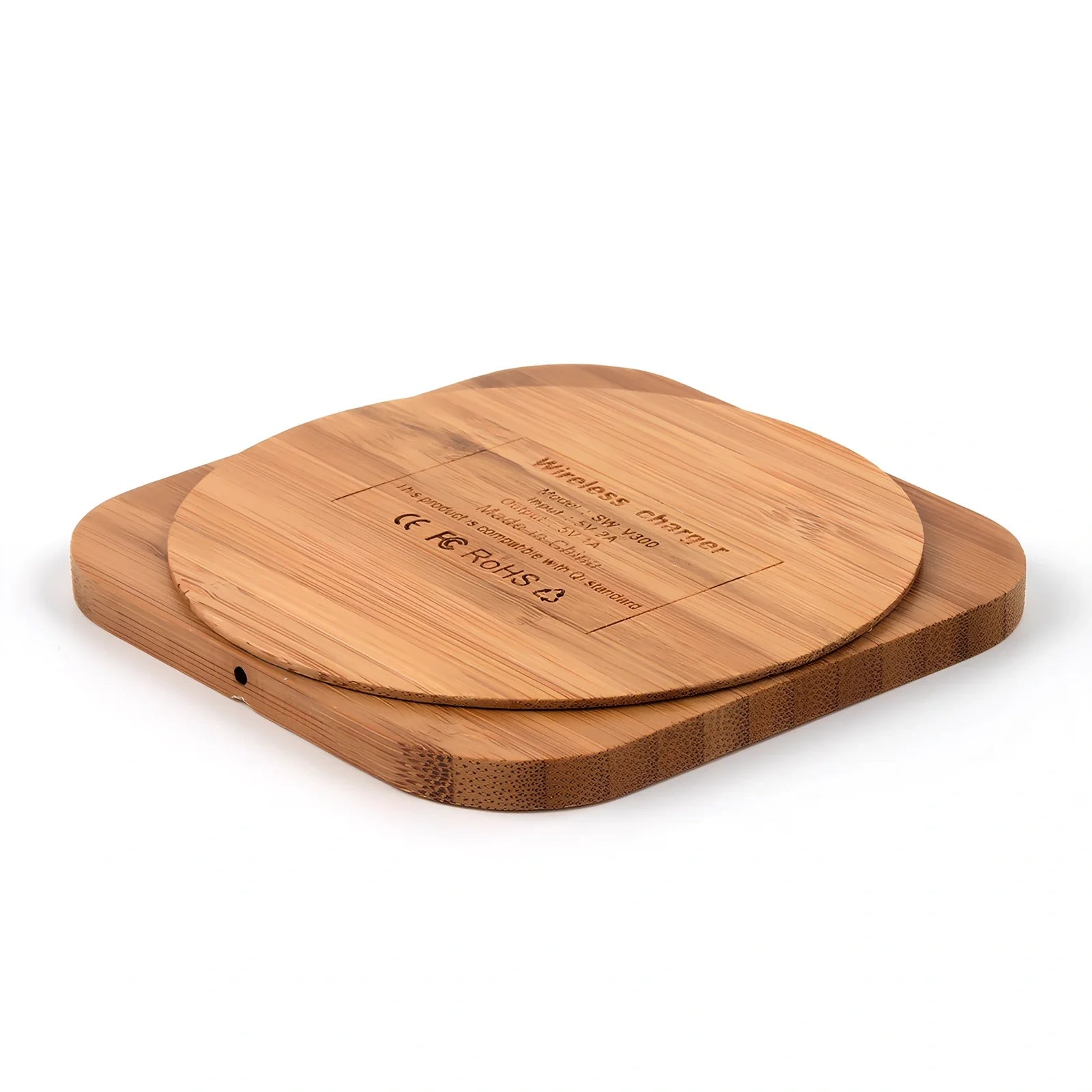 Square wooden bamboo 5W wireless charger in brown, 92x92x8mm with green charging indicator