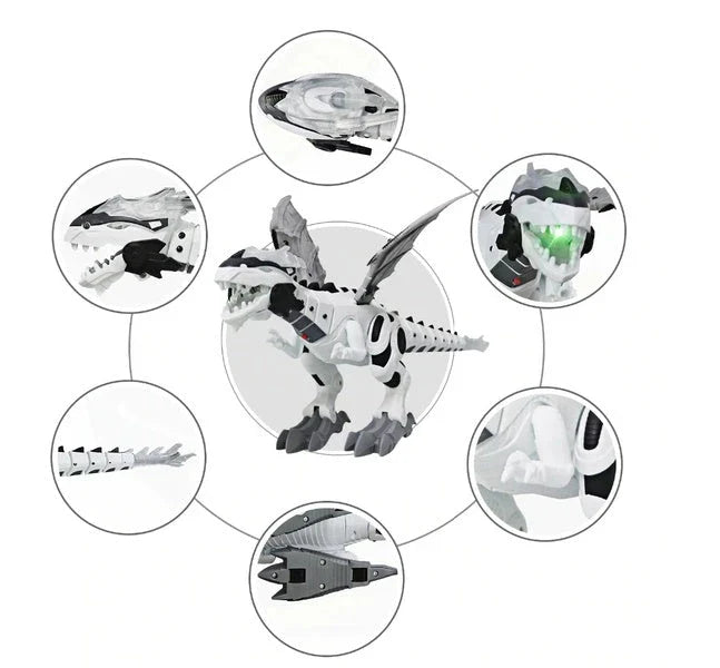 Walking dragon toy with fire breathing and water spray features in vibrant colours