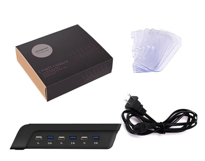 Six-port USB mobile phone charging stand with black finish showing six device slots and 150cm power cord