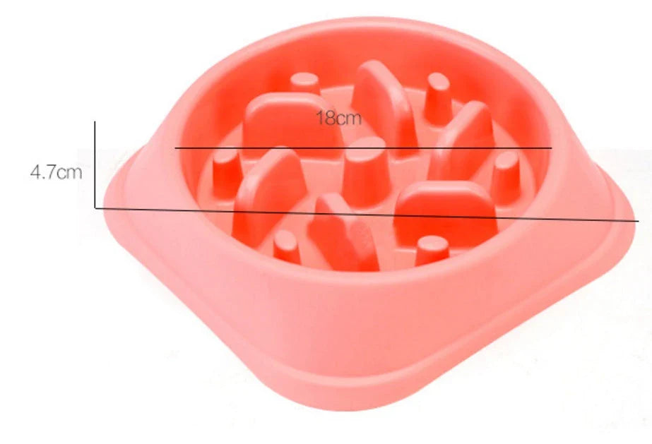 Anti-choke plastic dog bowl in pink, blue, green, and yellow