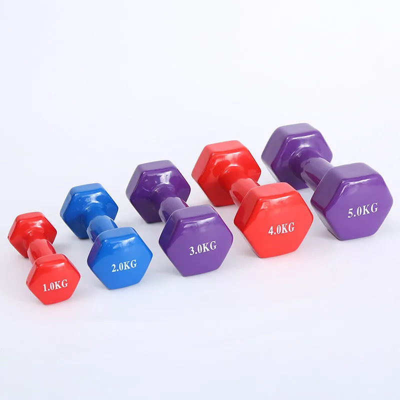 Bright colour plastic-coated fitness dumbbells for home workouts with floor protection