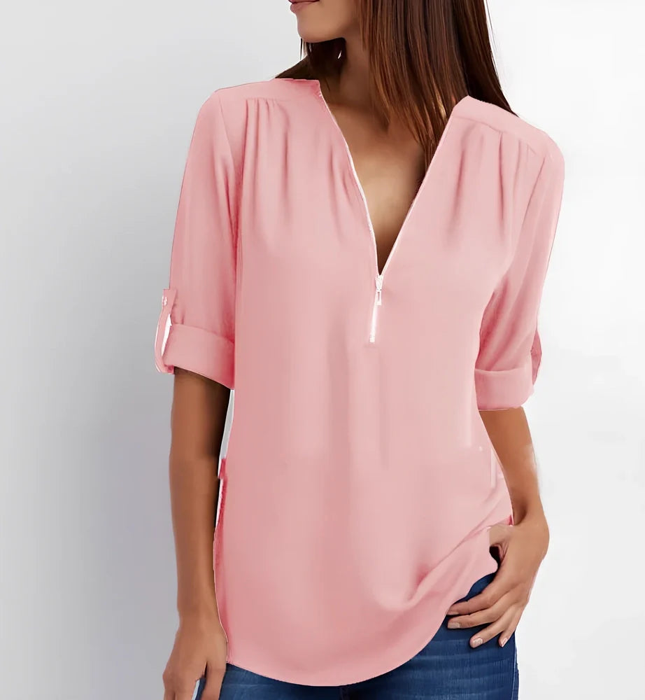 Women's pink zip V-neck short sleeve loose shirt, bust 96cm size S, Dacron fabric in multiple colours