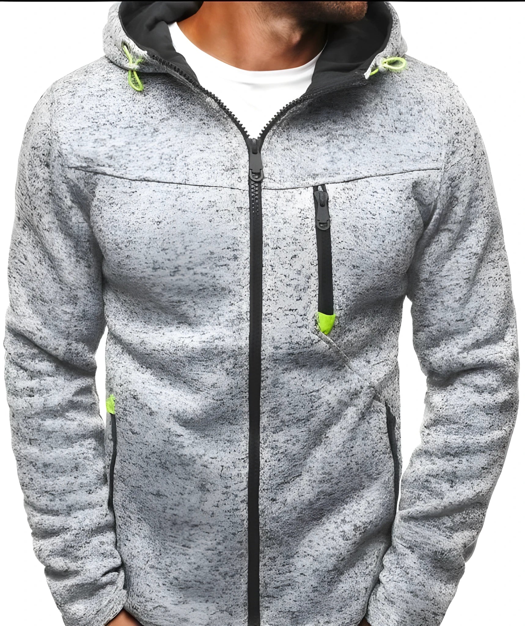Men's grey casual full-zip hoodie with patchwork pattern and O-neck collar