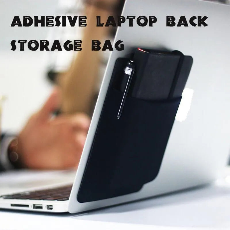 Black adhesive laptop back storage bag with pen loop, 15x12cm, stuck to laptop back