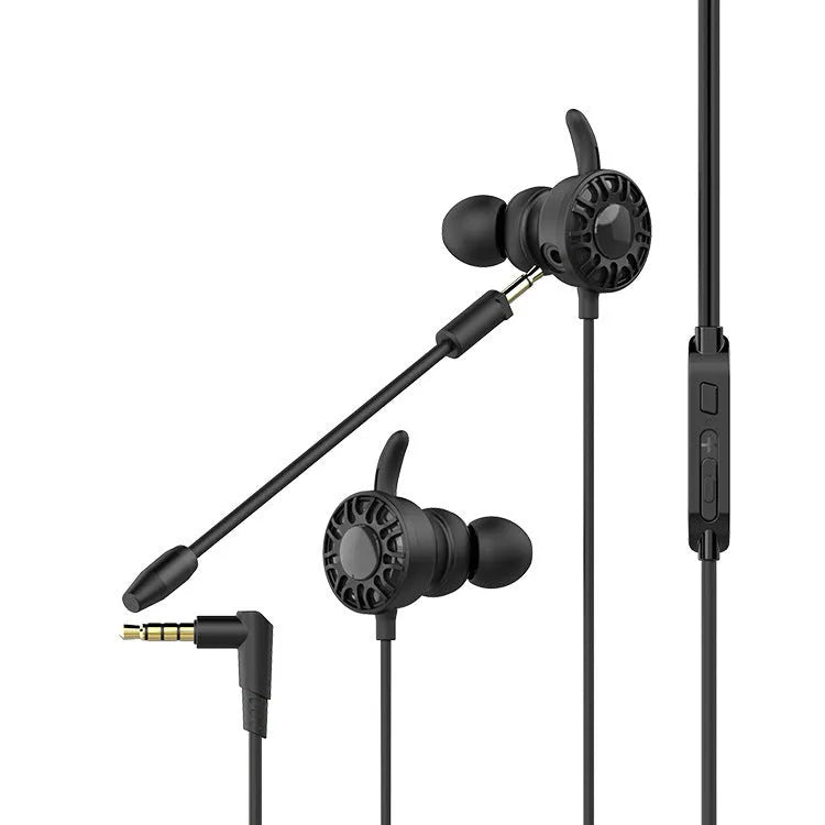 Black wired in-ear headset with 3.5mm L-shaped plug, silicone earplugs, and inline wire control for mobile gaming