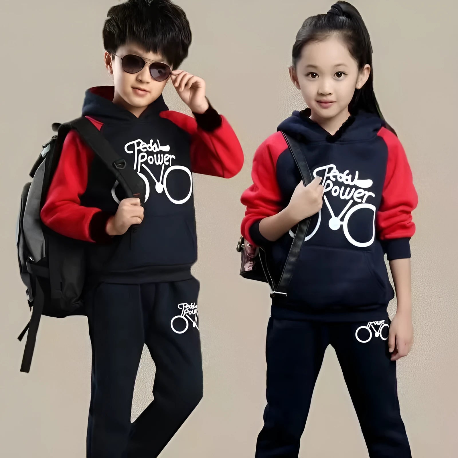 Korean style kids sweat suit two-piece set in black, red, or red wine colour.