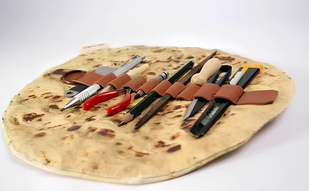 Burrito roll simulation pencil case in fabric, 22 cm size, unrolled showing pencil storage space