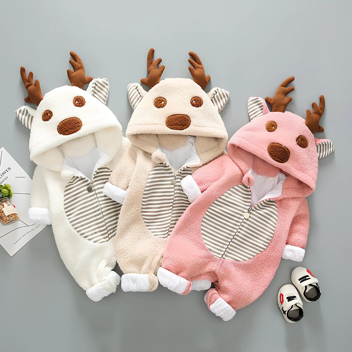 Baby wearing cotton romper with lace-up straps in khaki colour, size 80cm