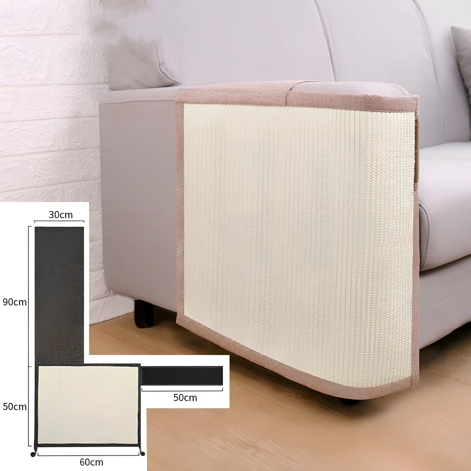 Dark grey cotton linen cat scratcher pad on sofa arm, 50cm wide anti-scratch protection for pet claws