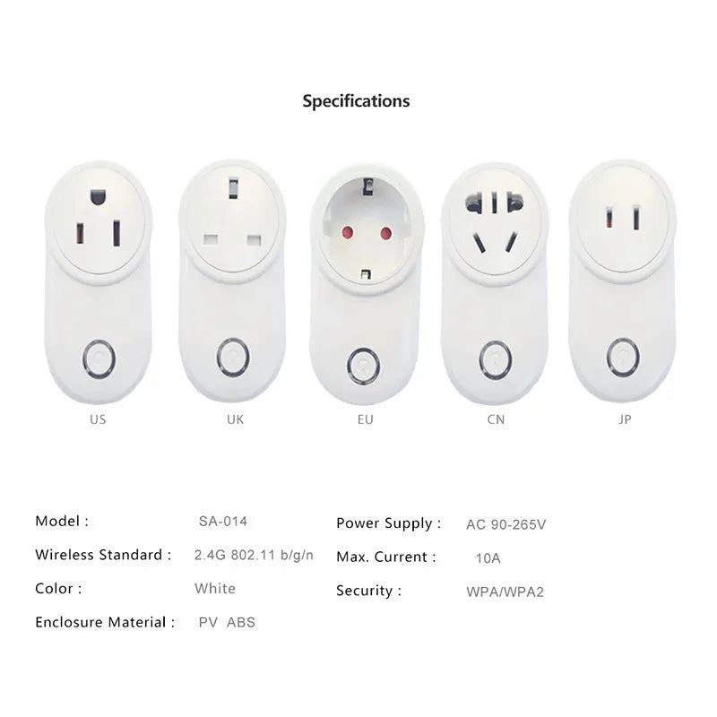 White Wi-Fi smart socket with UK and US plug options on a table