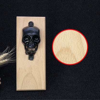 A skeleton-shaped bottle opener made of zinc alloy and solid wood, designed in New Zealand for easy wall-mounting and durable performance.