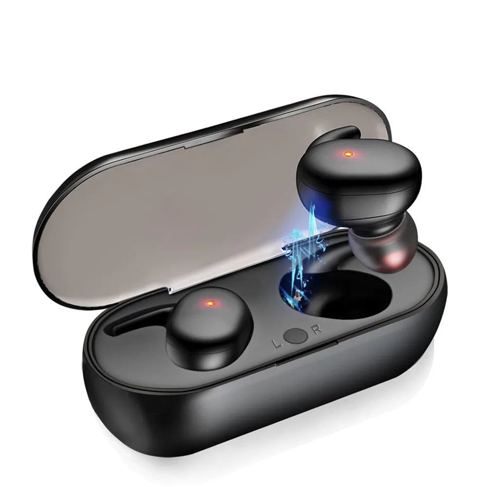Bluetooth 5.0 wireless in-ear earphones with charging case, black colour, ABS plastic, compact.