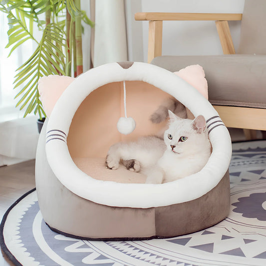 Closed cat litter kennel S size with winter plus velvet, for cats up to 6kg, camel pattern, enclosed design with mat