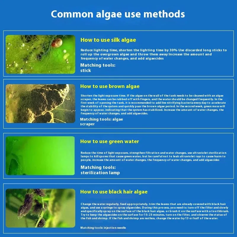 Ecological fish tank and pond algaecide bottle in 300ml, 700ml, or 1100ml sizes for green algae removal
